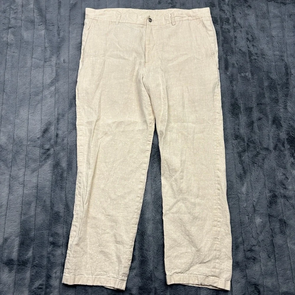 Tasso Elba Mens 100% Linen Pants Beige Flat Front Trousers 36x30 (Actual 36x26)